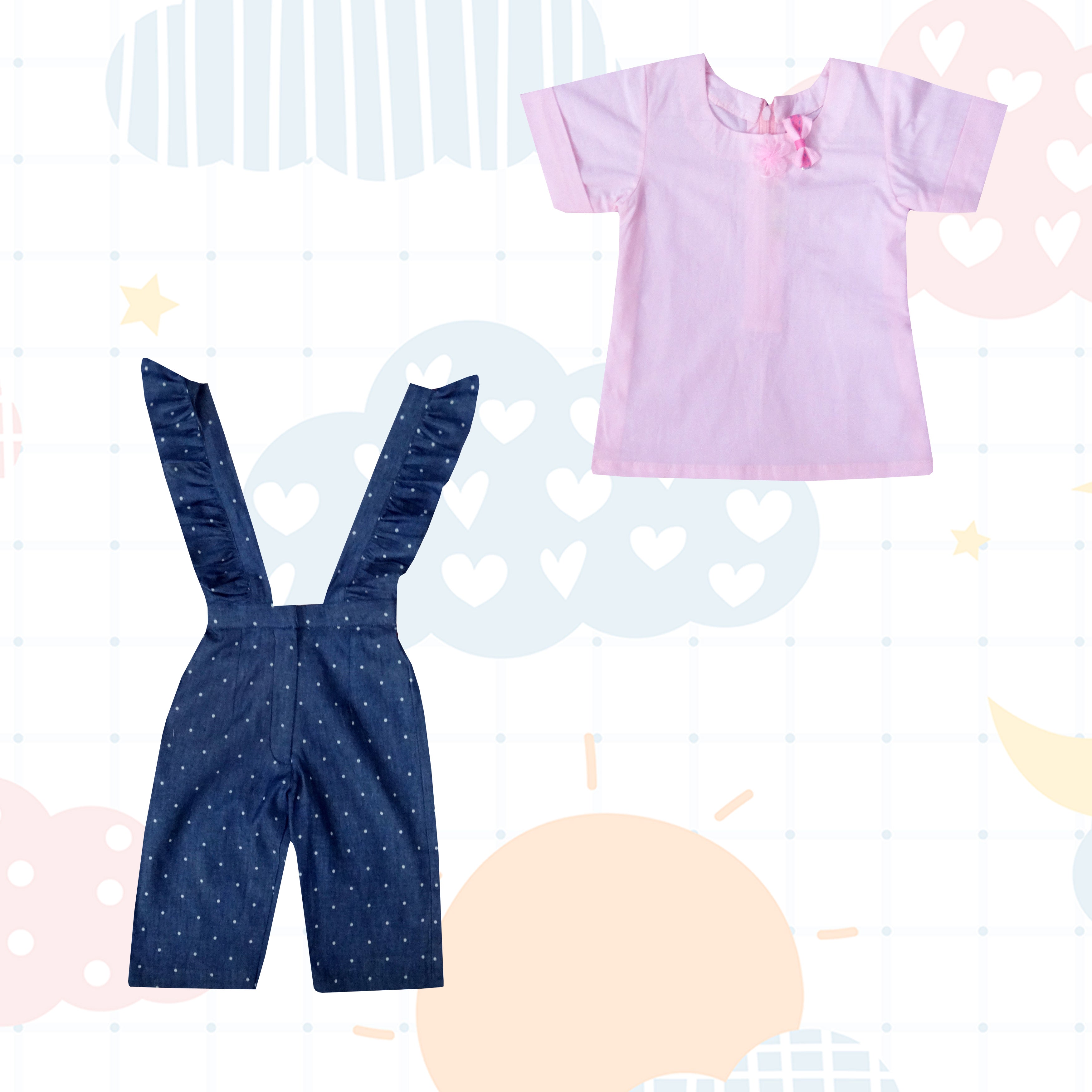 Denim dungraees with pink top - Top & Pant